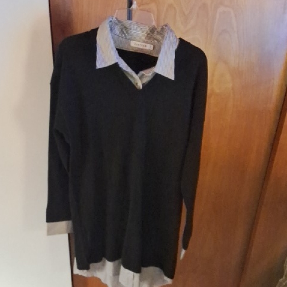 JustFab Black V-Neck Sweater with Striped Collar